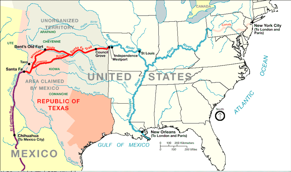 Map depicting the territorial claims of the Republic of Texas and surrounding regions in the United States and Mexico. Map depicting the territorial claims of the Republic of Texas and surrounding regions in the United States and Mexico.