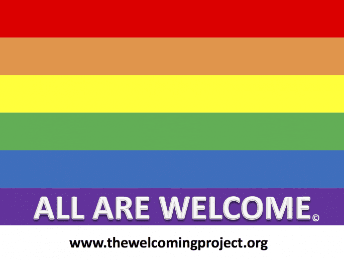 Rainbow flag with the text "ALL ARE WELCOME" and a website link below.